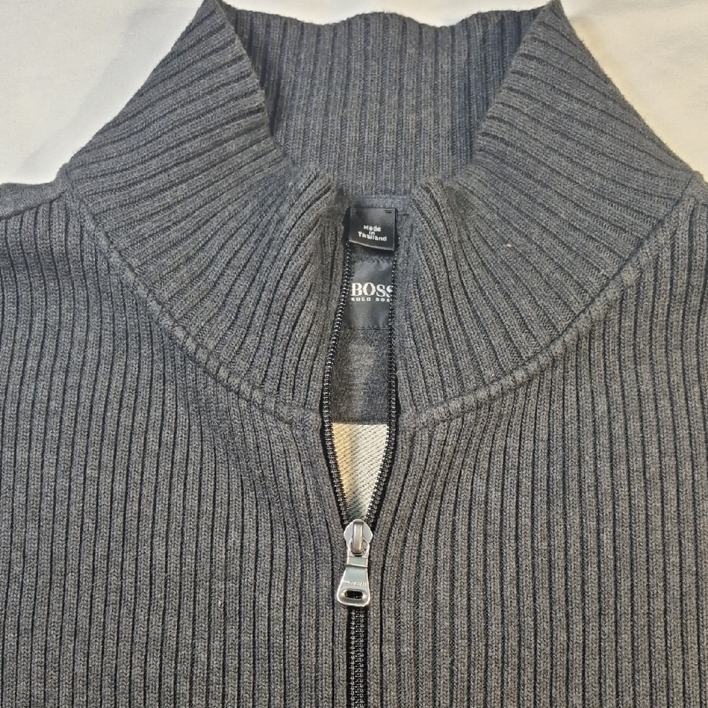 Hugo Boss XL Full Zip Ribbed Pinstripe Knit Sweater. Dark Gray Cardigan